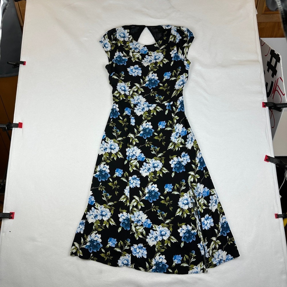 Banana Republic Blue Floral Midi Dress Cap Sleeve Keyhole Back 585951-01 Size 8 - Picture 2 of 14